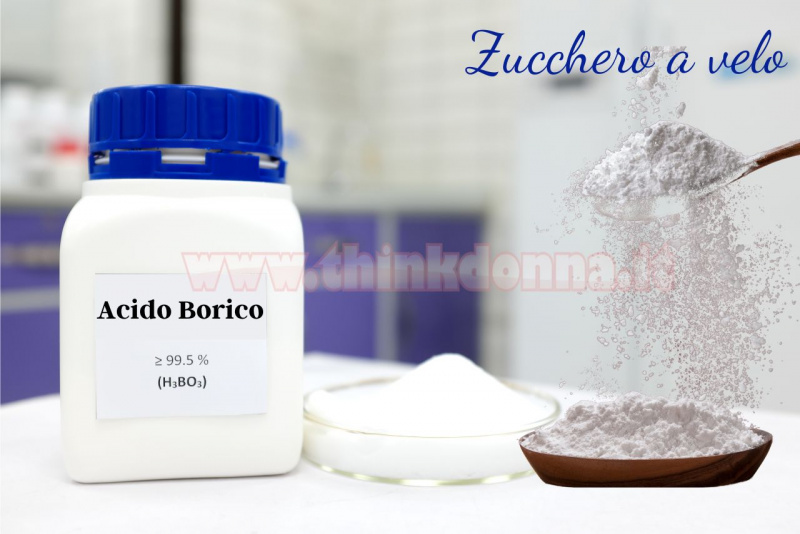 flacone acido borico ciotola vetro legno zucchero a velo