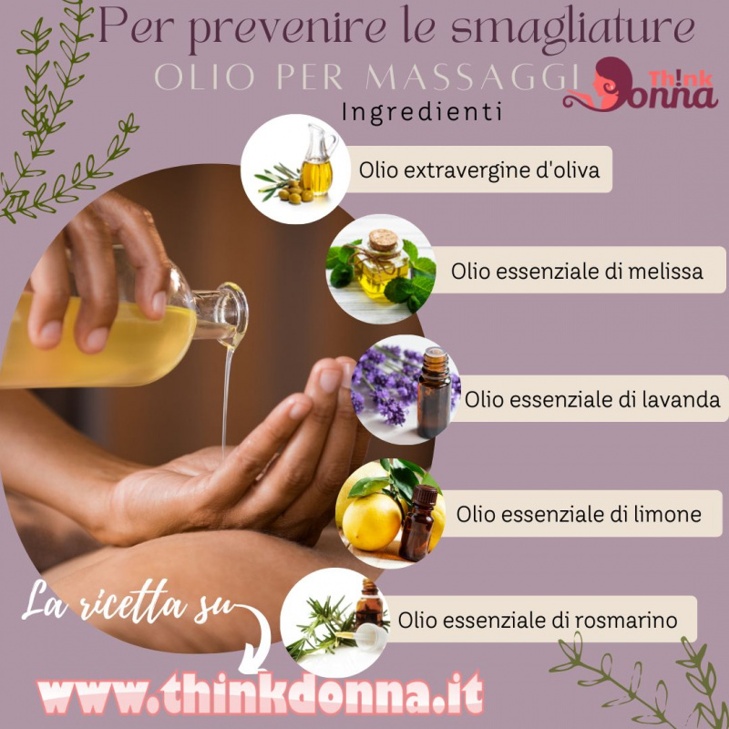 mani donna versano olio per massaggi contro smagliature bottiglia di vetro olio essenziale melissa lavanda limone rosmarino olio extravergine oliva